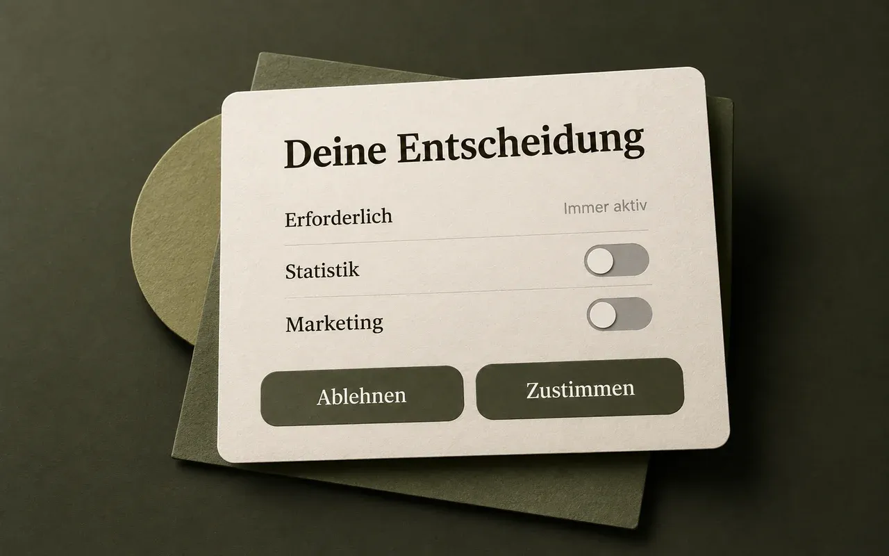 Consent-Illustration: Statistik und Marketing sind ausgeschaltet; Ablehnen und Zustimmen stehen gleichwertig nebeneinander.