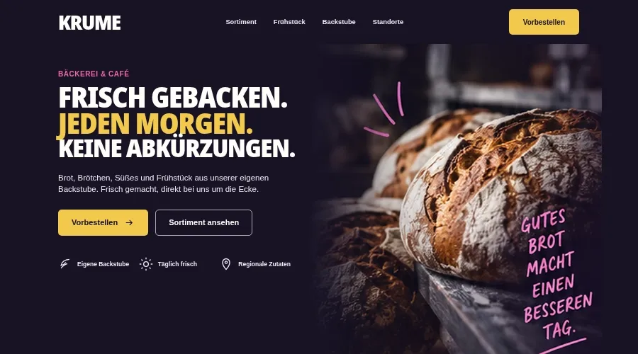 KRUME-Webdesign mit dunklem Hintergrund, gelben Akzenten und frisch gebackenem Brot