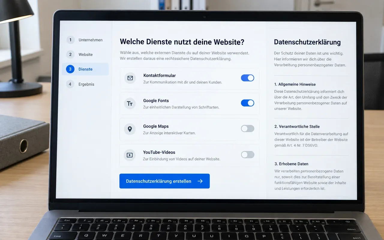 Laptop mit einem Datenschutz-Generator: Kontaktformular und Google Fonts sind eingeschaltet, Google Maps und YouTube ausgeschaltet