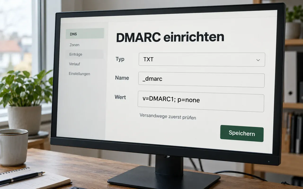 Beispiel einer DNS-Verwaltung mit DMARC-TXT-Eintrag und dem Hinweis, zuerst die Versandwege zu prüfen