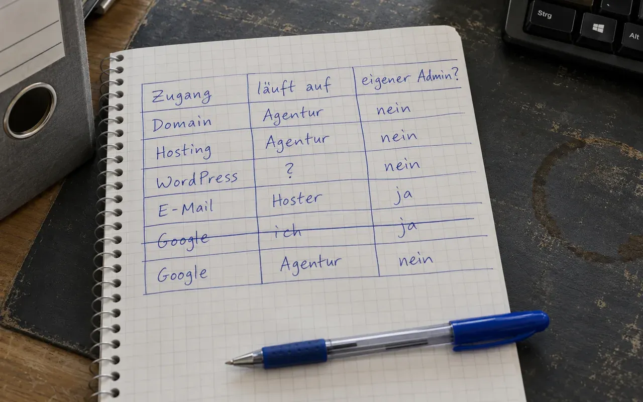 Handschriftliche Zugangsliste auf kariertem Block: Domain, Hosting und Google laufen auf die Agentur, ohne eigenen Admin-Zugang