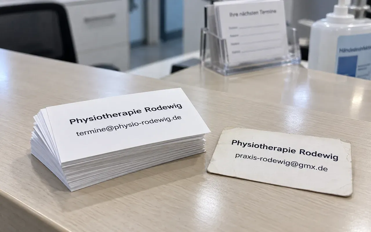 Neue Visitenkarten einer Physiotherapiepraxis mit E-Mail-Adresse auf eigener Domain neben einer alten Karte mit GMX-Adresse