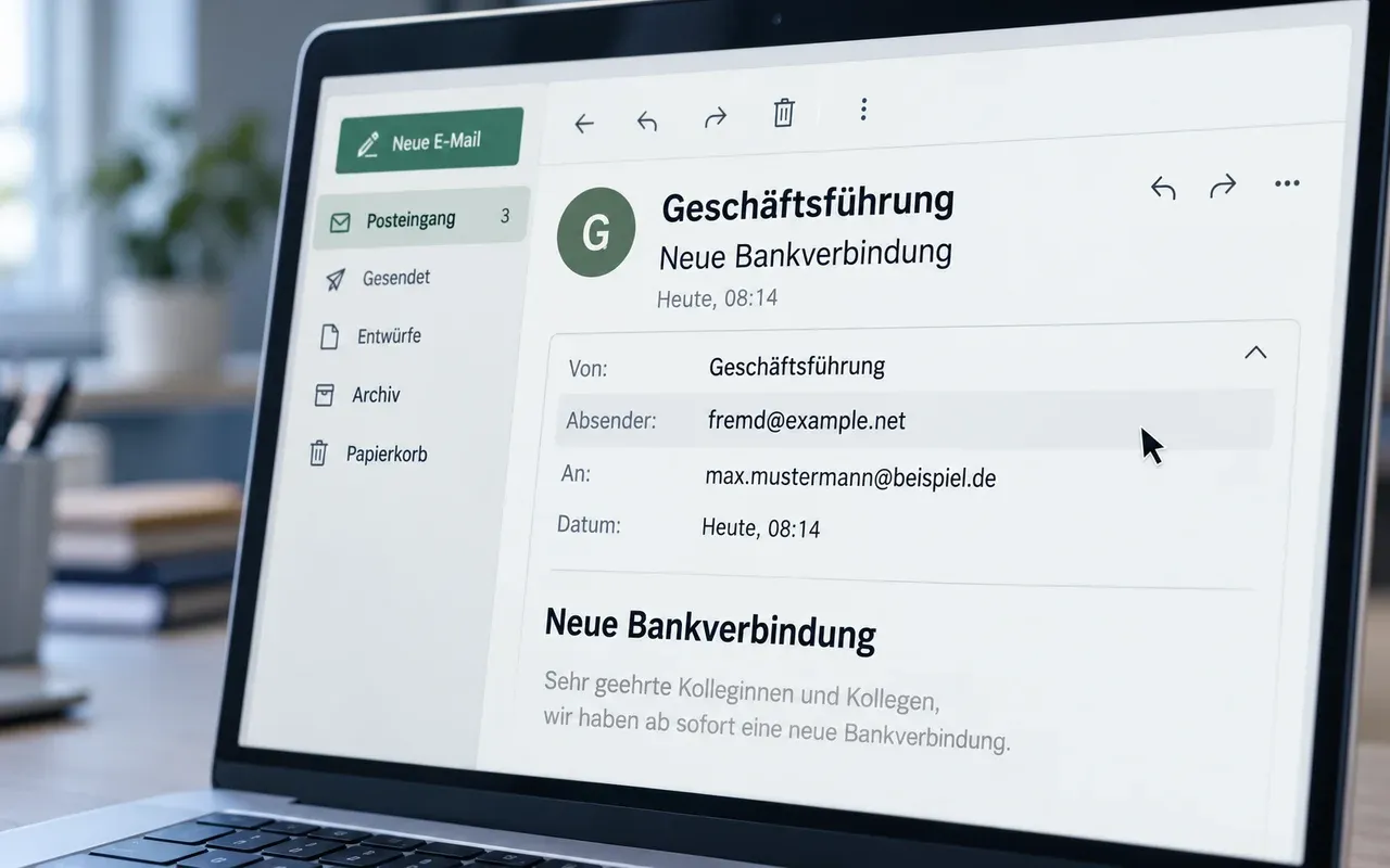 Beispielmail mit dem Anzeigenamen Geschäftsführung und aufgeklappter fremder Absenderadresse