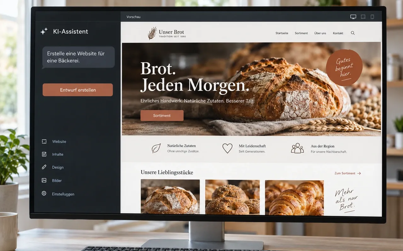 Beispiel eines KI-Website-Builders: Links steht der Auftrag für eine Bäckerei-Website, rechts die gestaltete Vorschau.