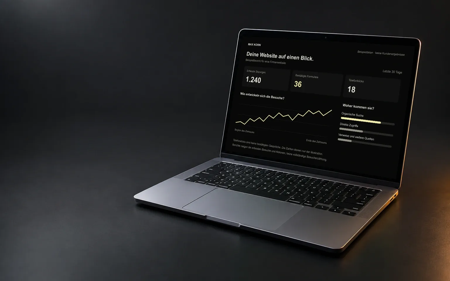 Laptop mit einer selbst gestalteten Website-Auswertung; die angezeigten Besuche, Formulare und Telefonklicks sind als Beispieldaten gekennzeichnet