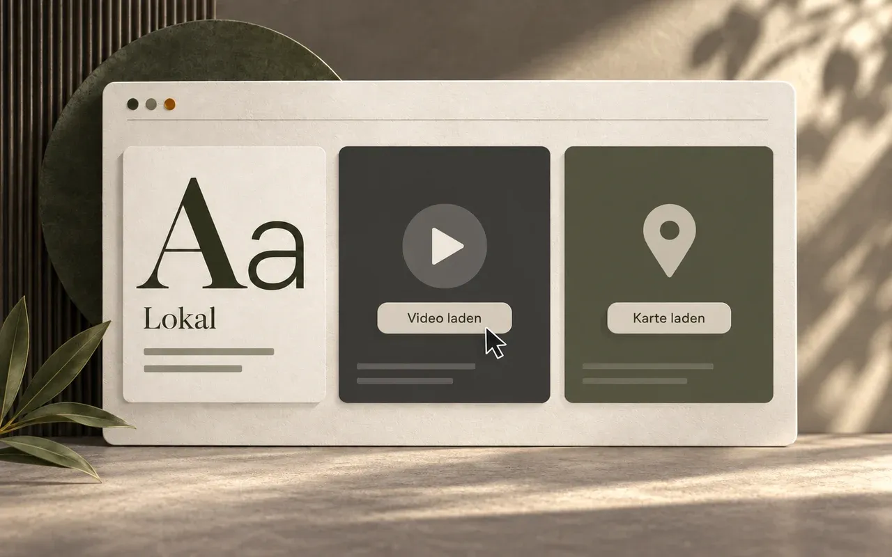 Illustration: lokale Schrift neben Platzhaltern zum Laden eines Videos und einer Karte.