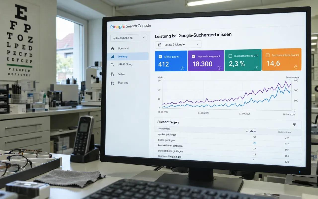 Bildschirm im Büro eines Optikers zeigt den Leistungsbericht der Google Search Console mit Klicks, Impressionen und Suchanfragen