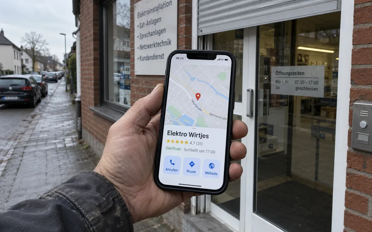 Hand eines Handwerkers hält vor der Ladentür eines Elektrobetriebs ein Smartphone mit dessen Unternehmensprofil in der Karten-App