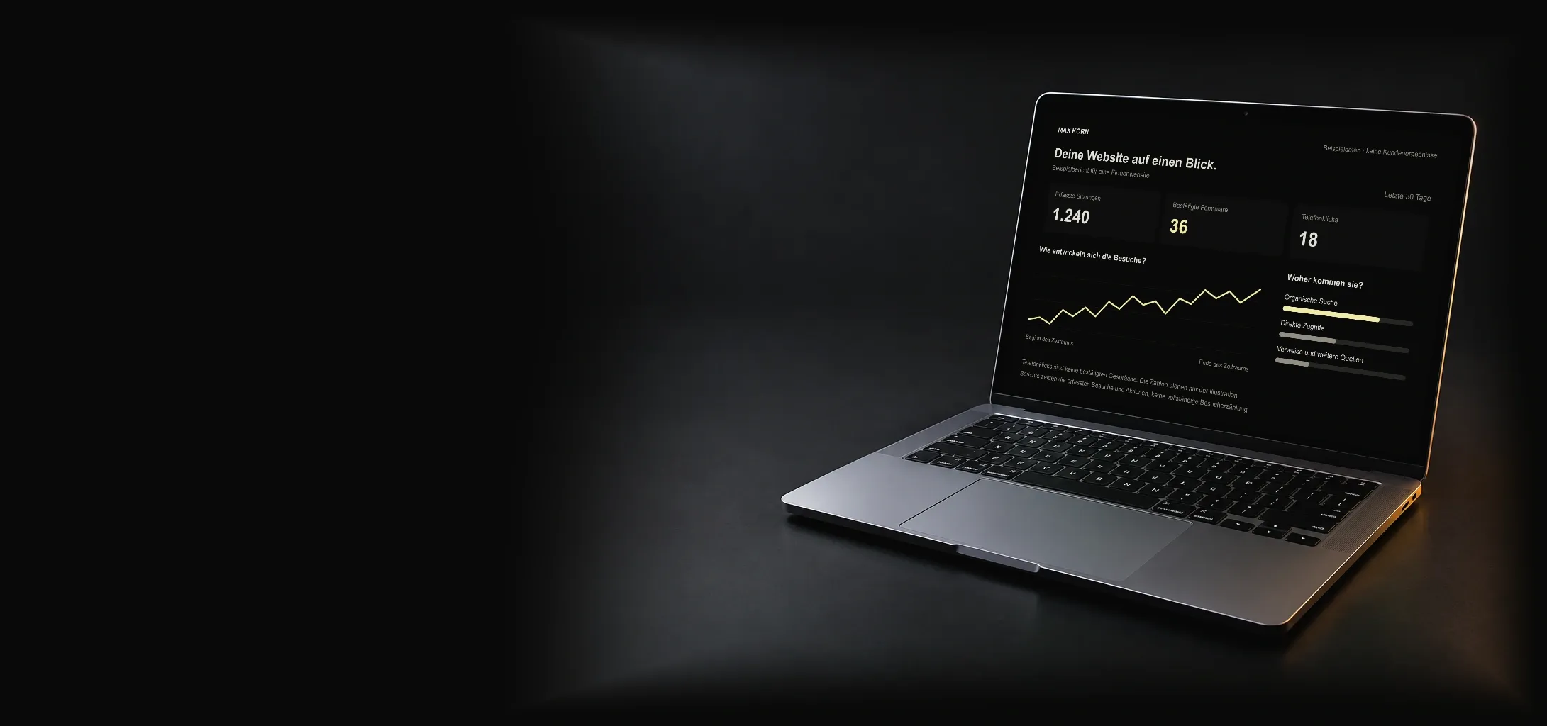 Studioaufnahme eines Laptops mit einer eigenen Website-Auswertung; Bildschirmwerte sind sichtbar als Beispieldaten gekennzeichnet