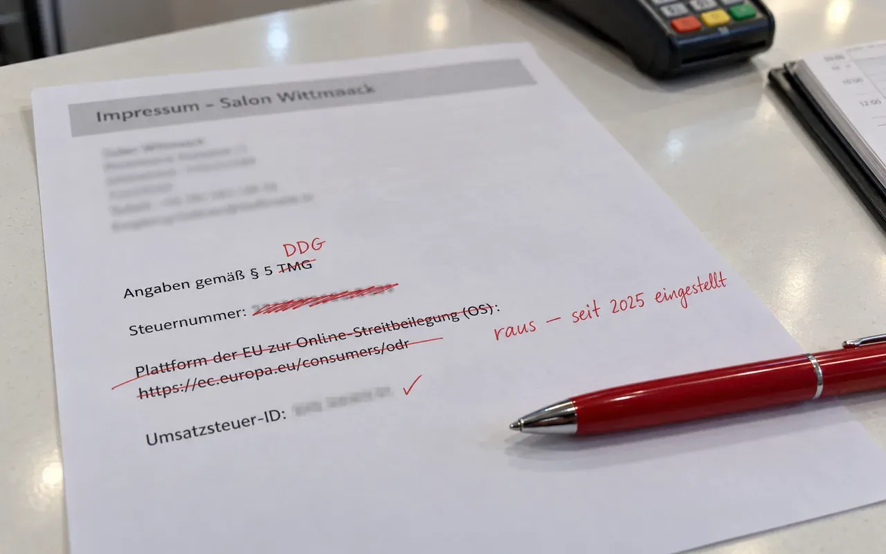 Ausgedrucktes Impressum eines Friseursalons mit roten Korrekturen: TMG durch DDG ersetzt, Steuernummer und OS-Plattform gestrichen
