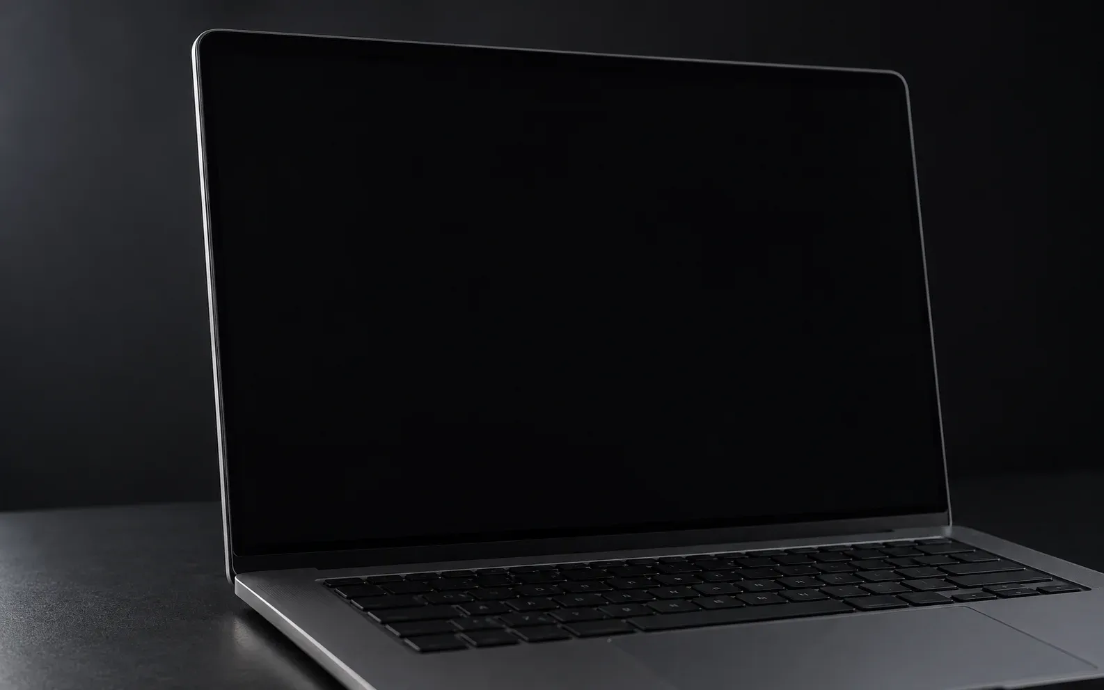 Laptop auf einem dunklen Tisch, auf dem Bildschirm die Startseite des Projekts