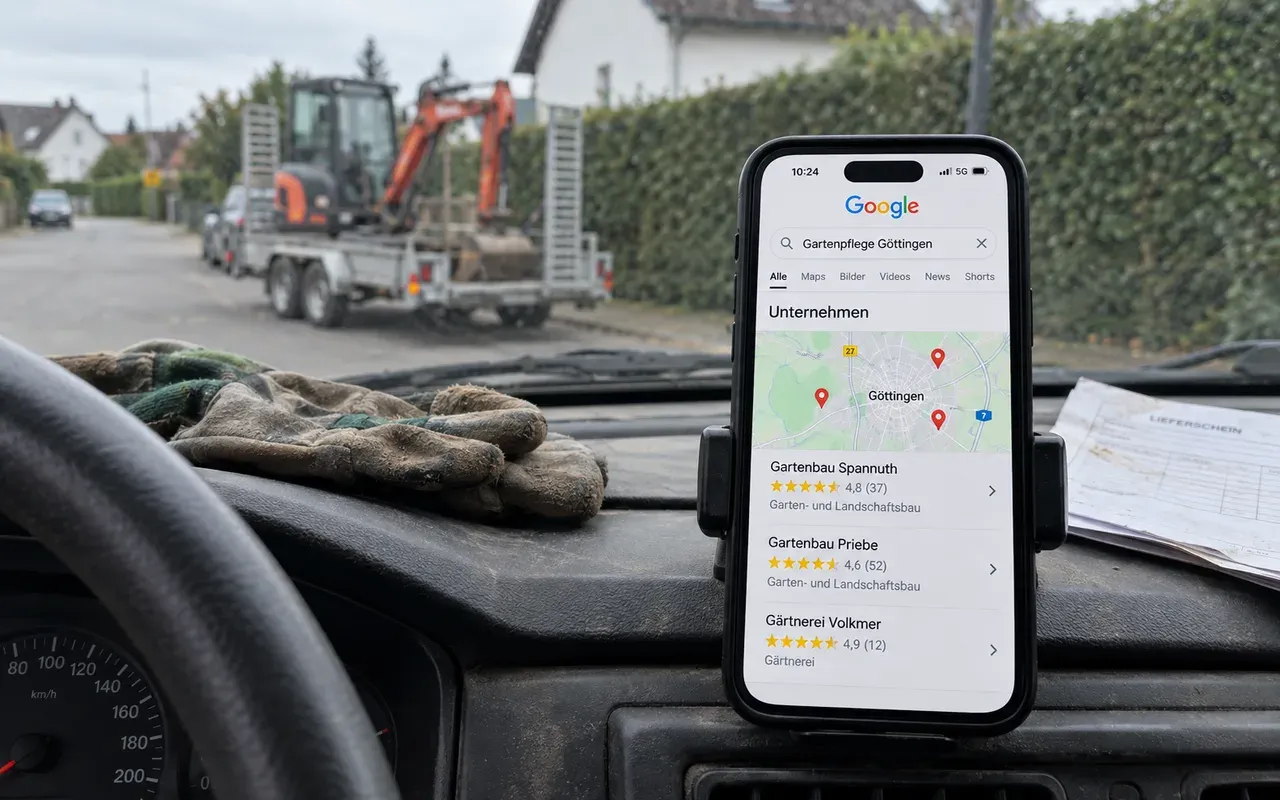 Smartphone in der Halterung eines Gartenbau-Transporters zeigt die Google-Suche „Gartenpflege Göttingen“ mit Karte und drei Betrieben