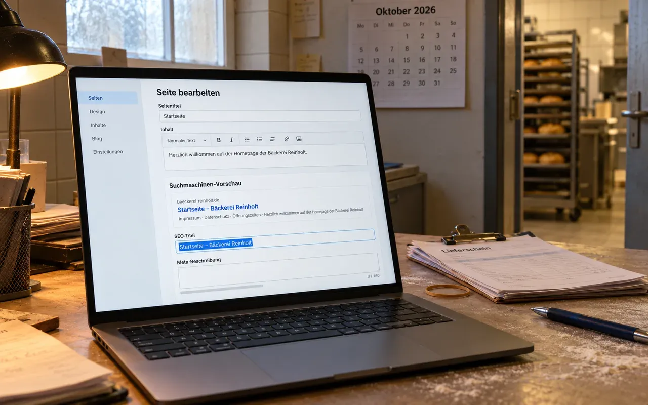Laptop im Büro einer Bäckerei zeigt den Seiteneditor mit Suchmaschinen-Vorschau und leerem Feld für die Meta-Beschreibung