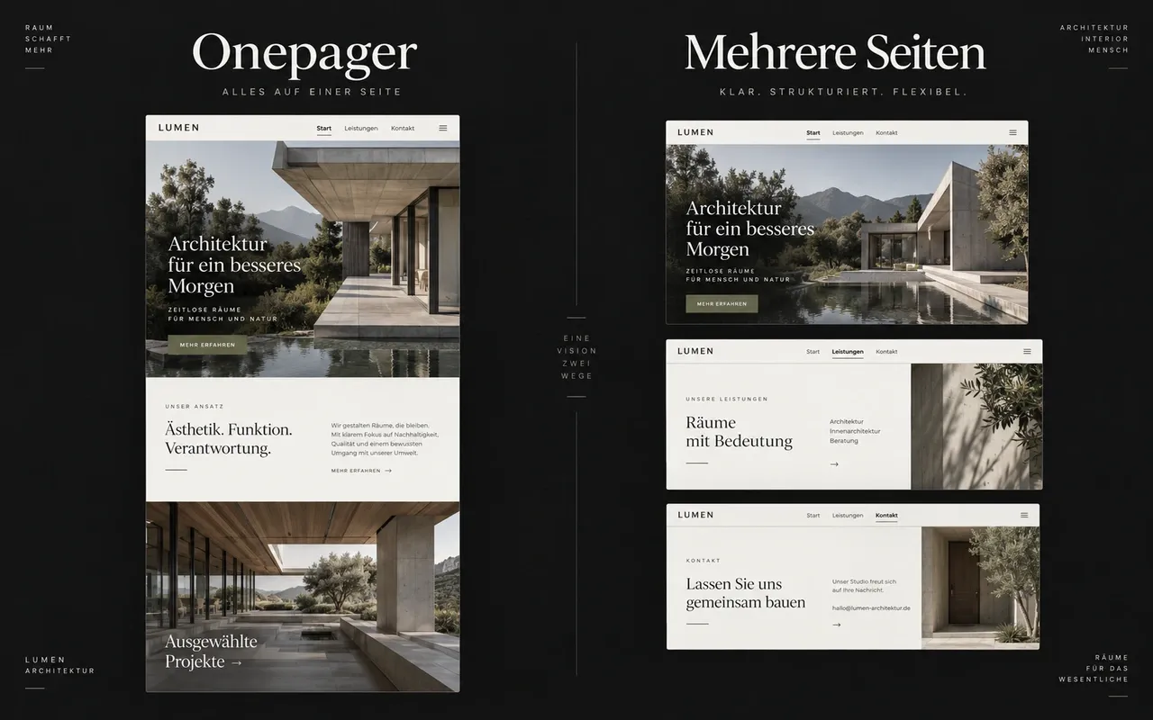 Layoutvergleich: links ein durchgehender Onepager, rechts getrennte Seiten für Start, Leistungen und Kontakt.