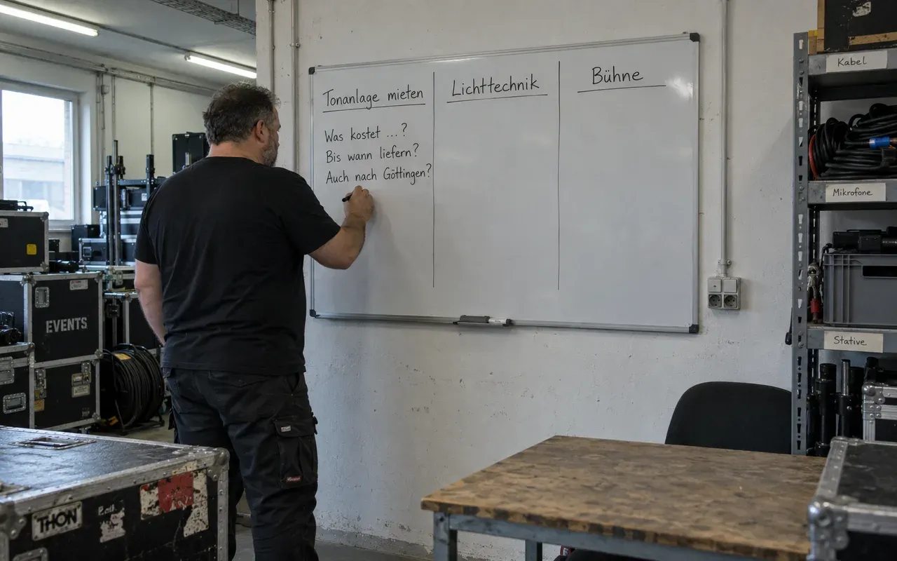 Ein Mann schreibt im Lagerbüro eines Eventtechnik-Verleihs Kundenfragen wie „Was kostet …?“ und „Auch nach Göttingen?“ an ein Whiteboard