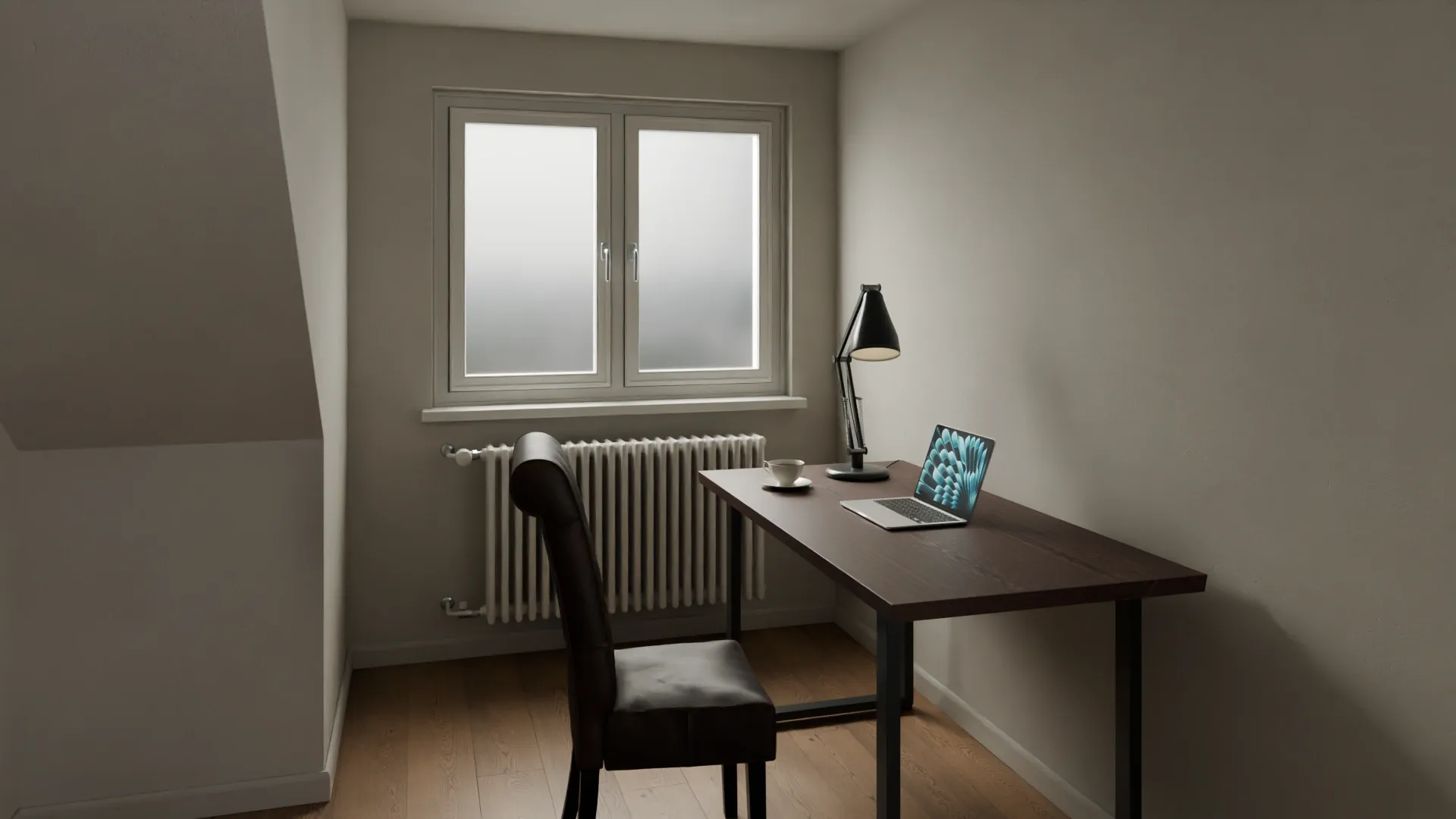 oakroom studio: fotorealistischer Blick ins Arbeitszimmer mit Holztisch, Laptop und Lederstuhl