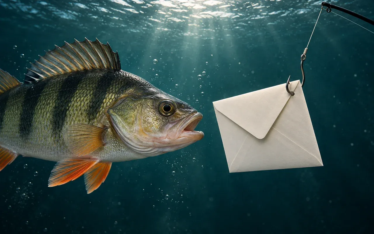 Ein Fisch nähert sich einem E-Mail-Umschlag am Angelhaken: eine Nachricht als Köder