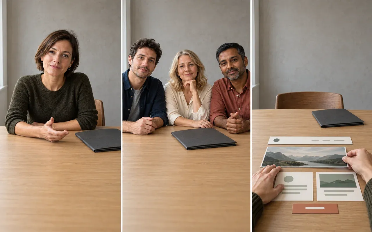 Drei Szenen am selben Tisch: eine Ansprechpartnerin, ein Agenturteam und eigene Hände beim Zusammensetzen von Website-Modulen vor einem leeren Stuhl
