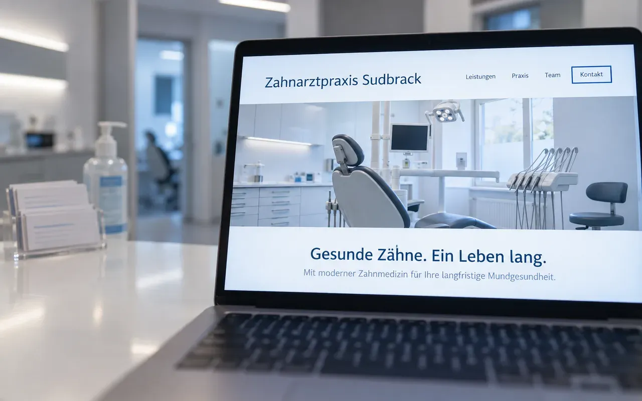 Laptop am Empfang einer Zahnarztpraxis: Auf der Website ist der Menüpunkt „Kontakt“ per Tastatur angewählt und blau umrandet