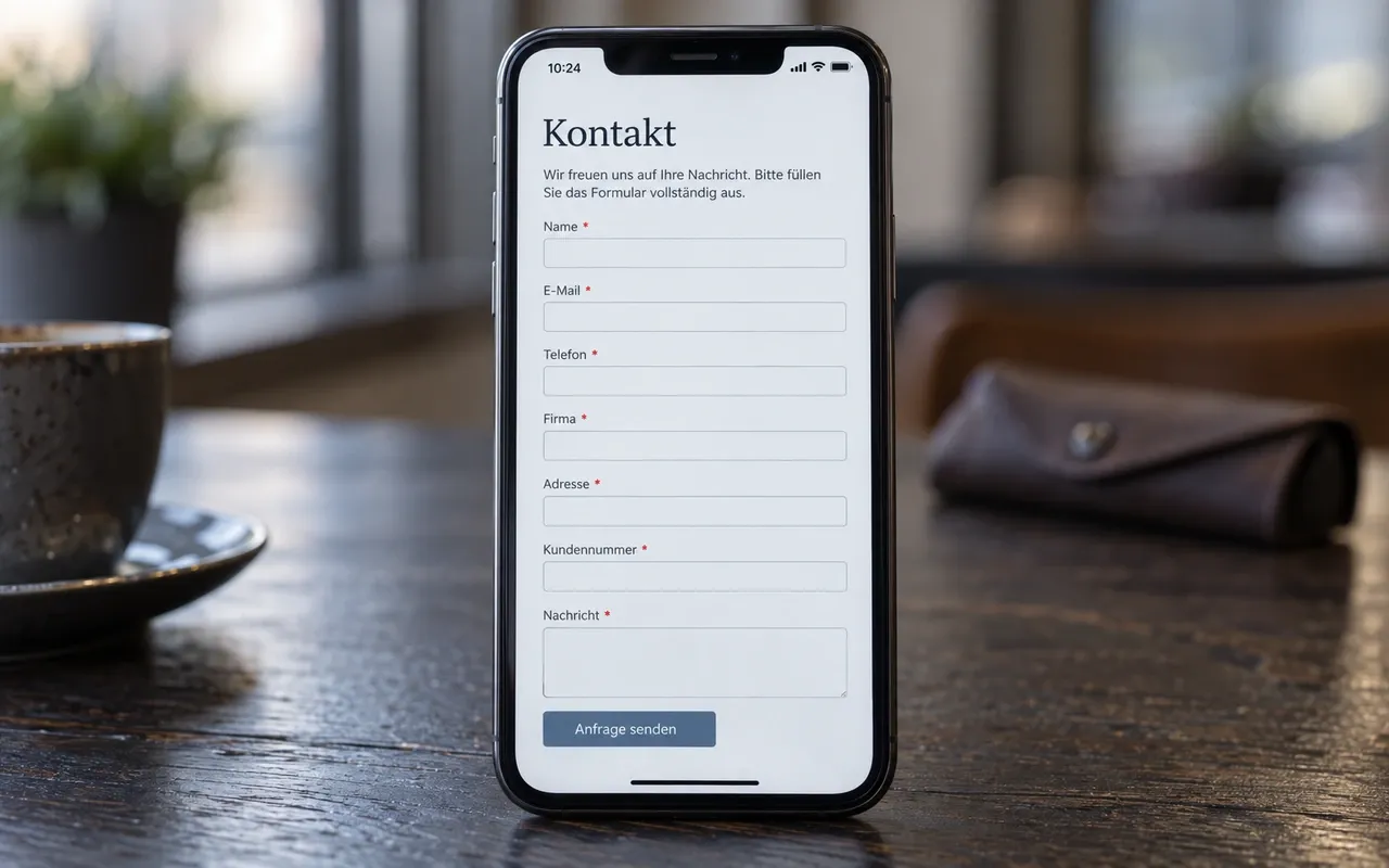 Ein Smartphone zeigt ein Kontaktformular mit sieben Pflichtfeldern, darunter Adresse und Kundennummer.