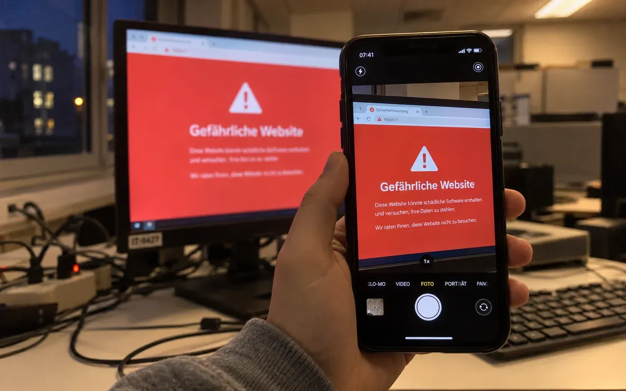 Jemand fotografiert mit dem Smartphone die rote Warnseite „Gefährliche Website“ auf dem Bürobildschirm