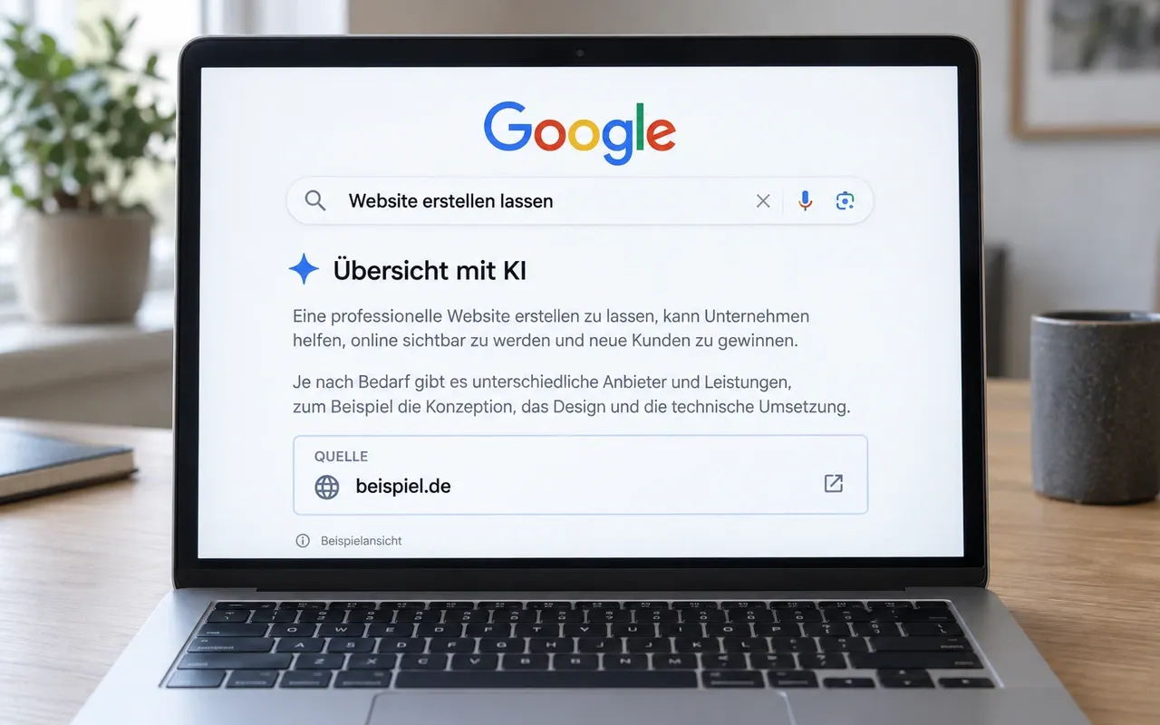 Google-Beispielansicht auf einem Laptop: Unter der Übersicht mit KI ist eine Quellenkarte hervorgehoben.