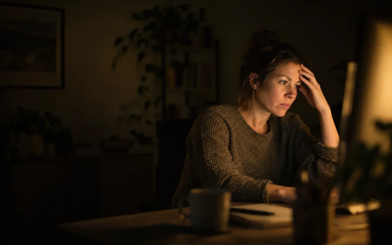 Eine nachdenkliche Person sitzt im warmen Halbdunkel vor einem unscharf leuchtenden Monitor und wägt die Zukunft ihrer Website ab.