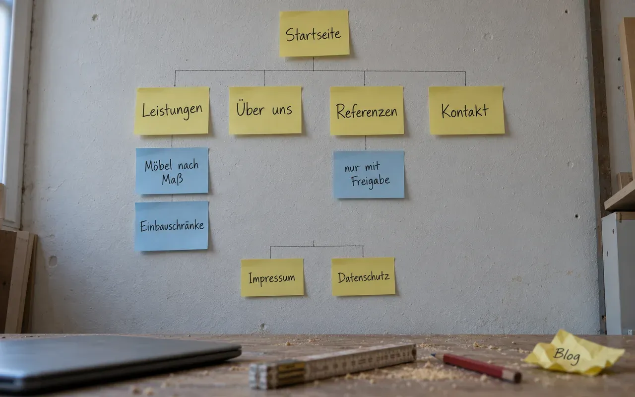 Haftnotizen an der Werkstattwand zeigen die Seitenstruktur einer Schreinerei-Website, ein Zettel „Blog“ liegt zerknüllt auf der Werkbank
