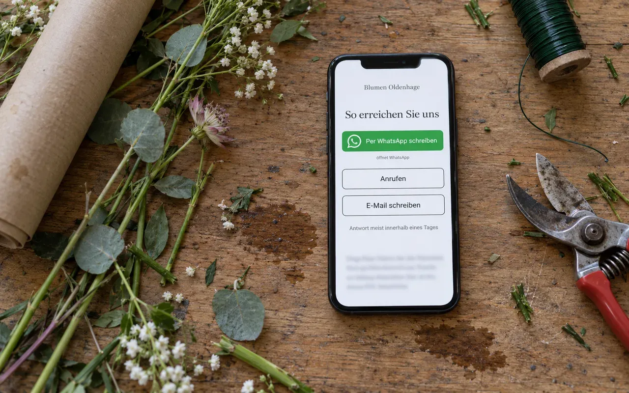 Smartphone auf dem Arbeitstisch eines Blumenladens zeigt die Kontaktseite mit Button „Per WhatsApp schreiben“, Anrufen und E-Mail