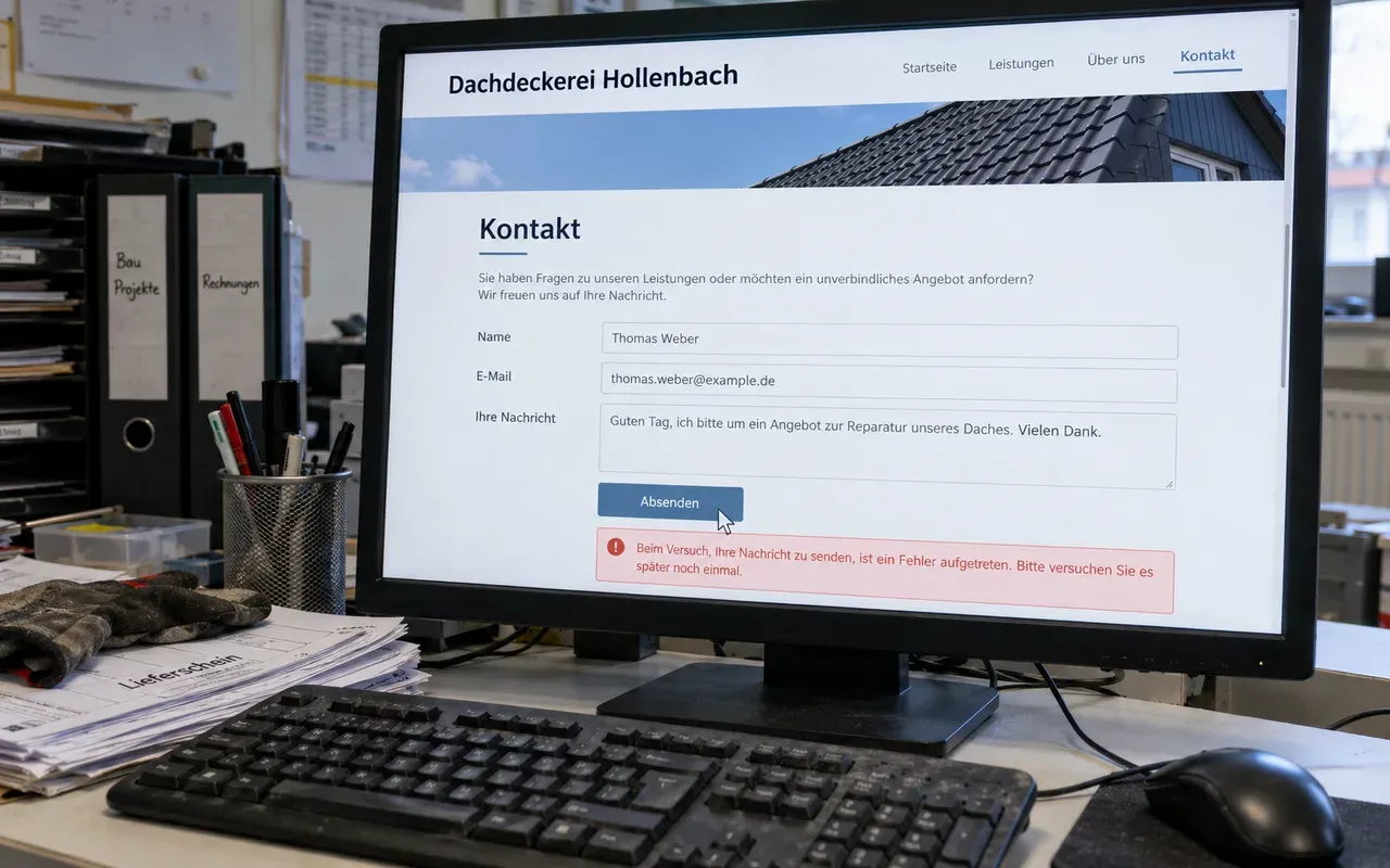 Bildschirm im Büro einer Dachdeckerei: Das Kontaktformular der Firmenwebsite meldet nach dem Absenden einen Fehler