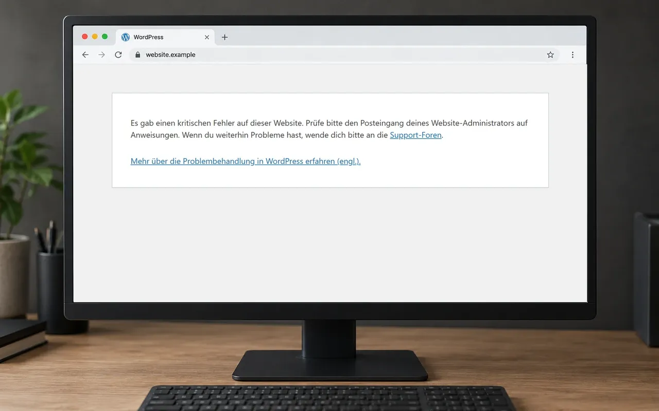 Desktop-Monitor mit der originalen WordPress-Fehleransicht: kritischer Fehler, Hinweis auf die Administrator-E-Mail und Links zur Problembehandlung.