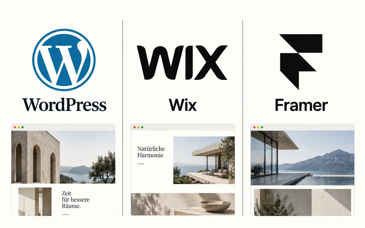 WordPress, Wix und Framer mit ihren Logos über drei beispielhaften Website-Layouts.