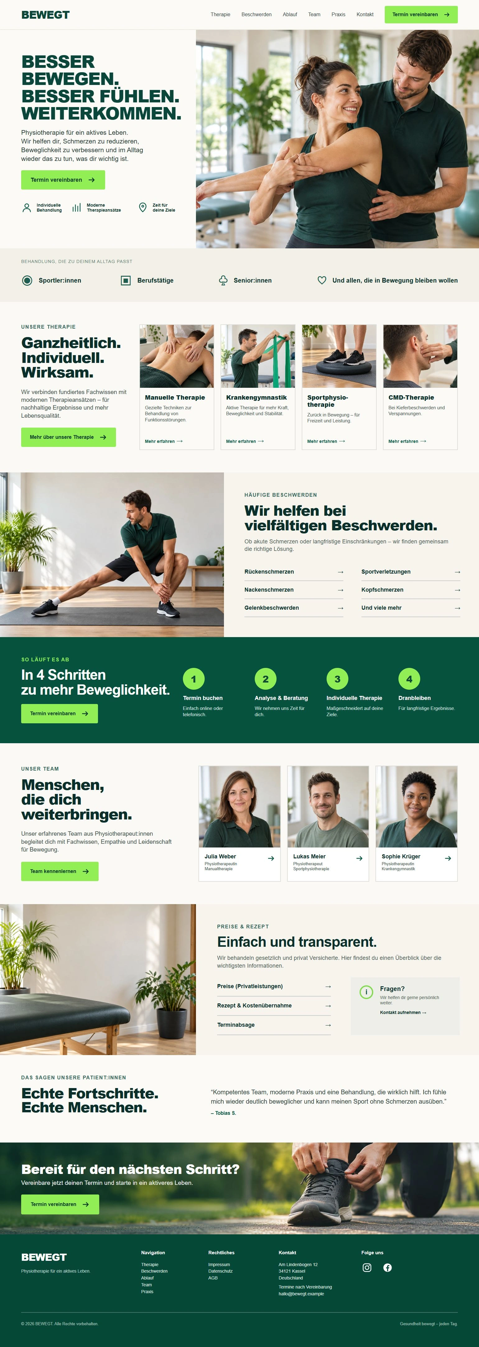 Vollständiges BEWEGT-Webdesign mit Therapieangebot, Beschwerden, Behandlungsablauf, Team und Terminanfrage