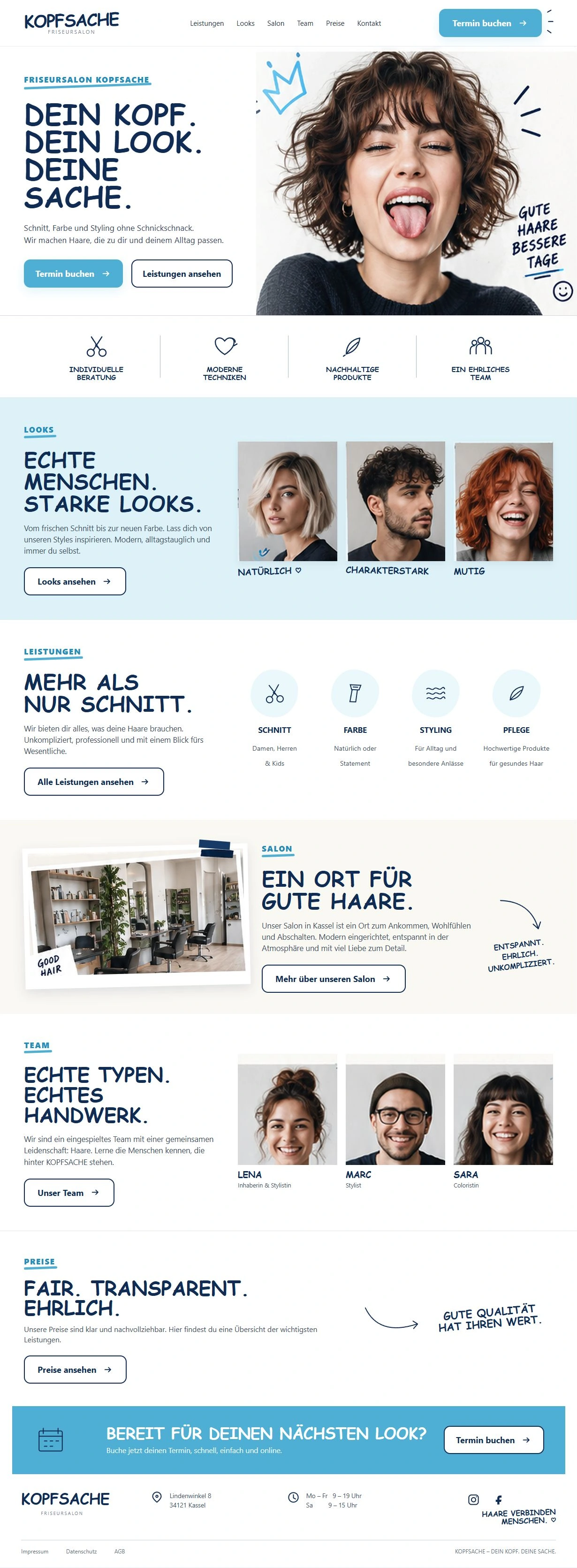 Vollständiges KOPFSACHE-Webdesign mit Looks, Leistungen, Salon, Team und Terminbereich