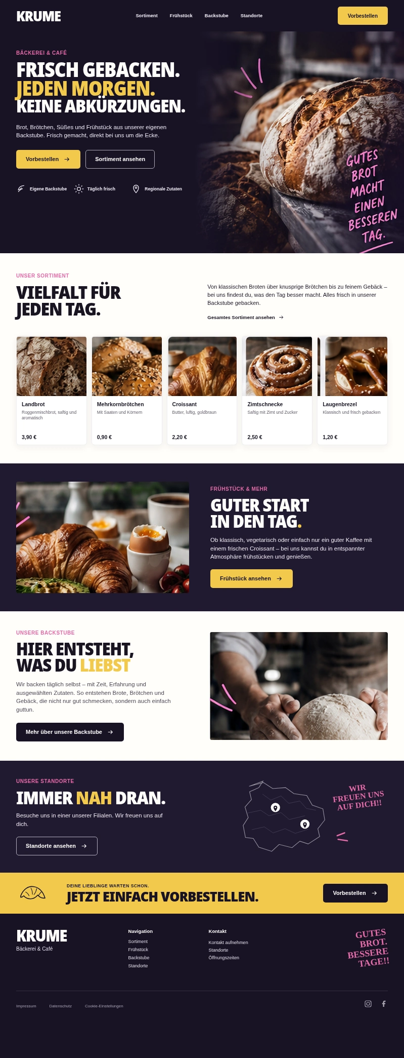 Vollständiges KRUME-Webdesign mit Sortiment, Frühstück, Backstube, Standorten und Vorbestellbereich