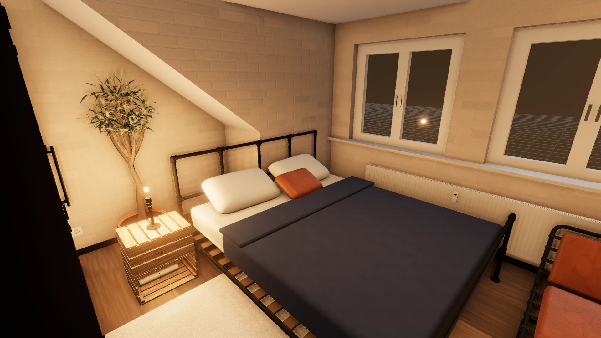 Schlafzimmer mit Bettgestell aus schwarzen Rohren, Textilien und warmer Leuchte auf Holzkisten