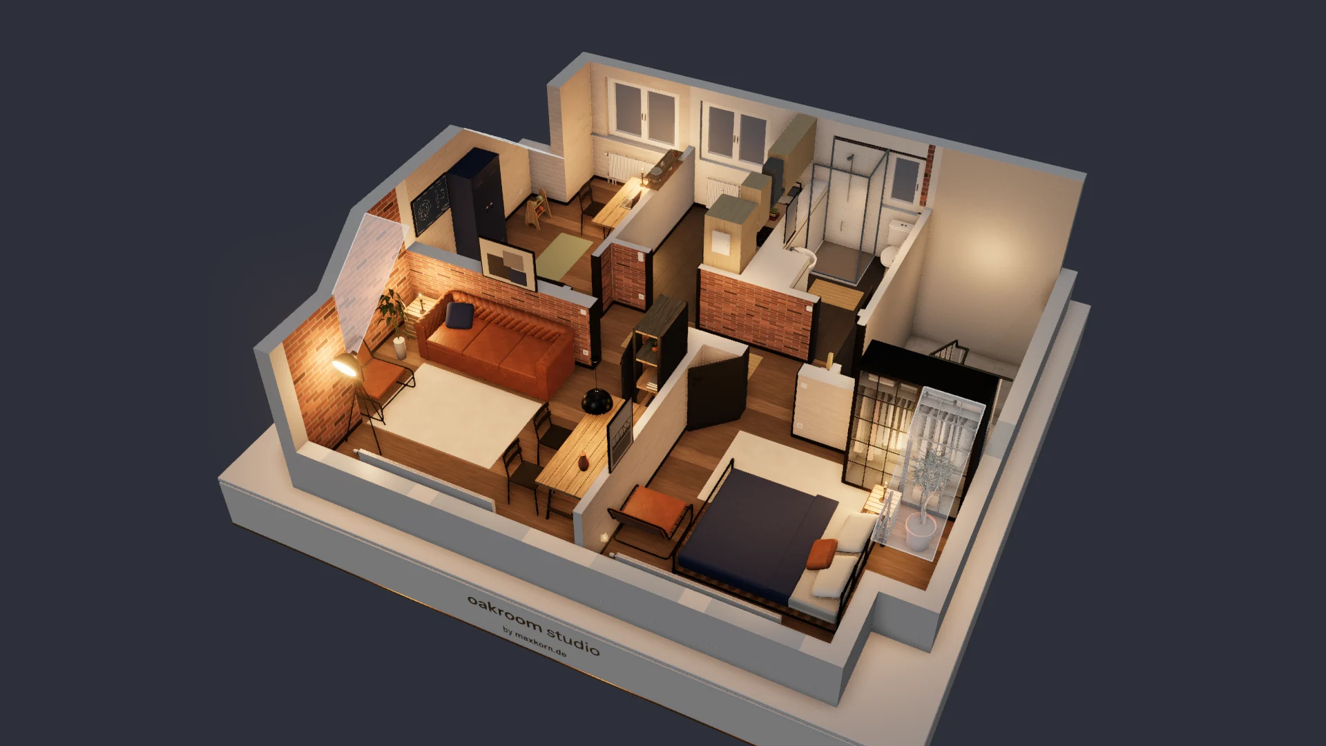 Dieselbe Wohnung aus derselben Perspektive, im Loft-Stil eingerichtet: Ledersofa, Teppich, Esstisch, Bett