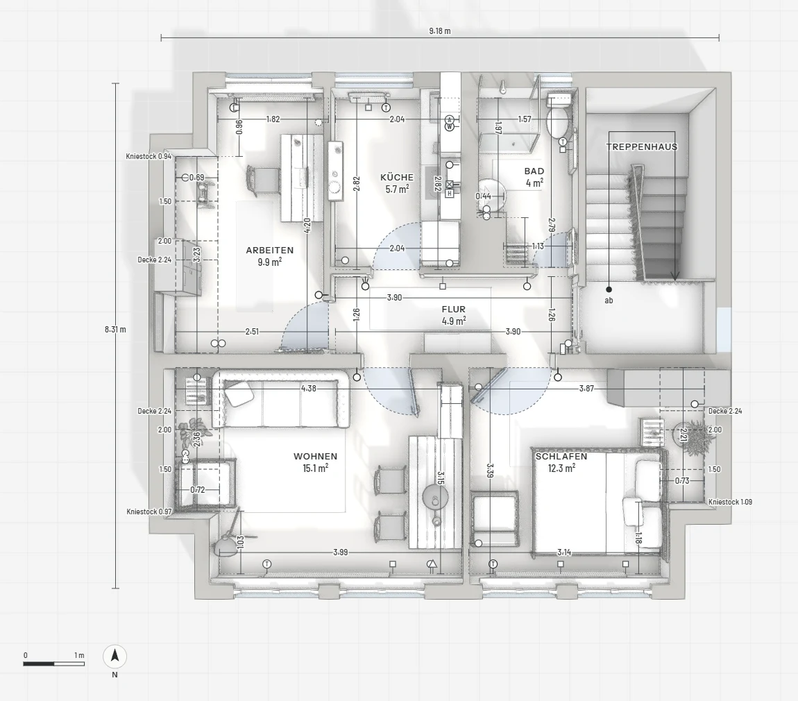 Bemaßter Grundriss als Zeichnung, mit Wohn-, Schlaf- und Arbeitszimmer, Küche, Bad und Flur