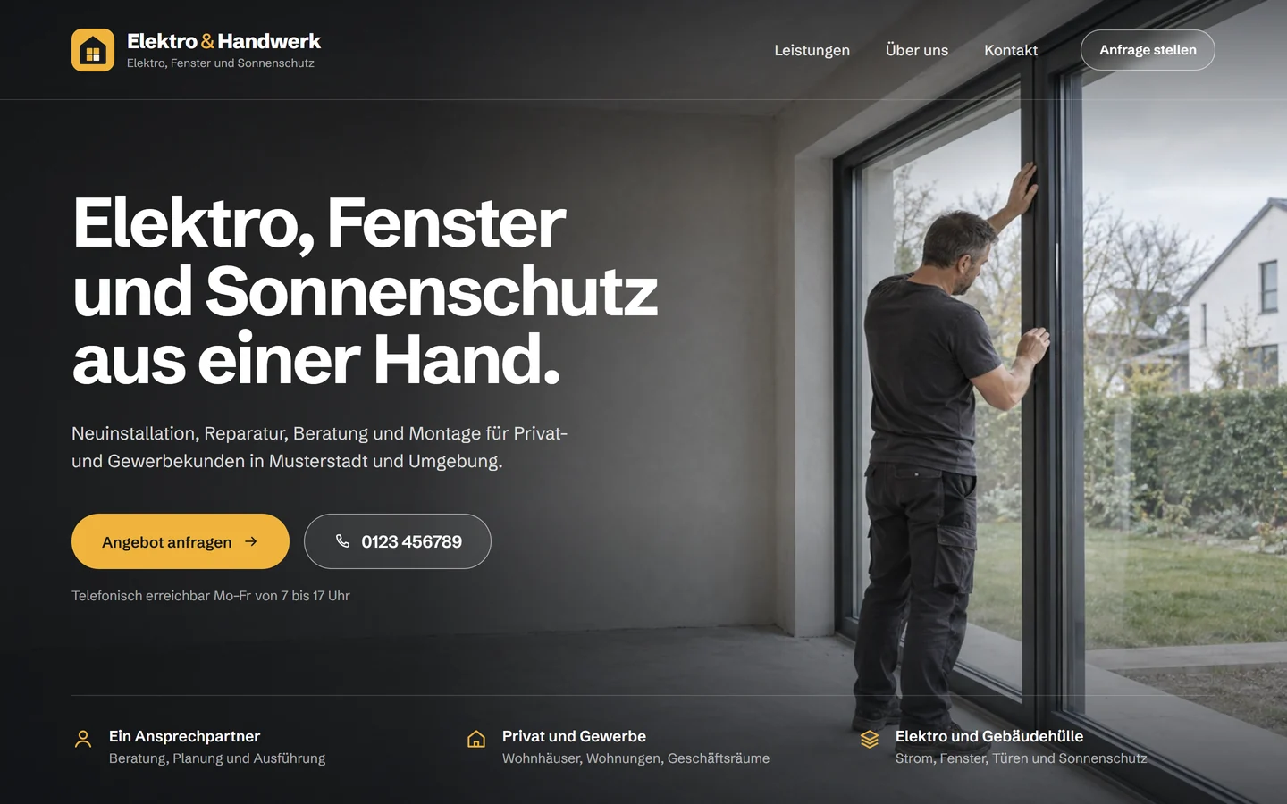 Nachher: Foto eines Monteurs am Fenster über die ganze Breite, links darauf die Überschrift „Elektro, Fenster und Sonnenschutz aus einer Hand.“, der Knopf „Angebot anfragen“ und die Telefonnummer.