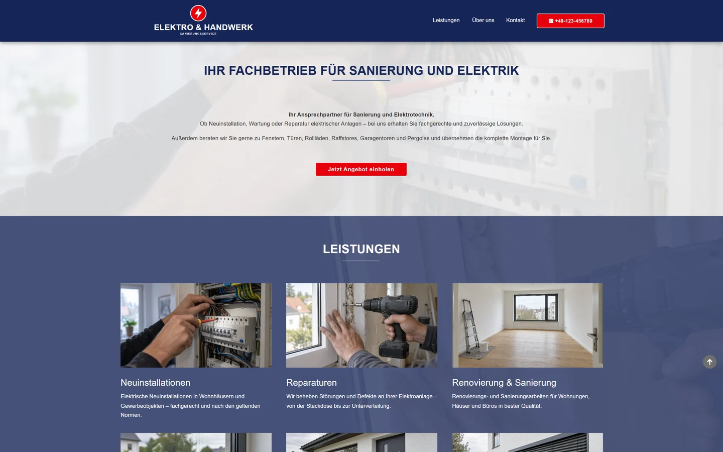 Vorher: dunkelblauer Kopf mit roter Telefon-Taste, mittige Überschrift in Großbuchstaben auf blassem Foto, darunter Leistungen als kleine Kacheln auf blauem Grund.